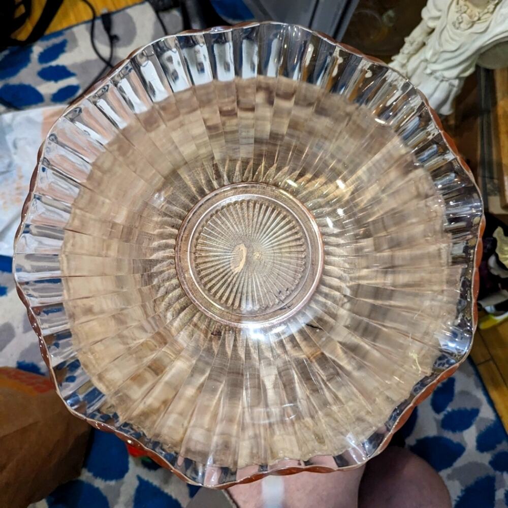 Vintage Pink Swirl Scalloped Depression Glass Serving Bowl